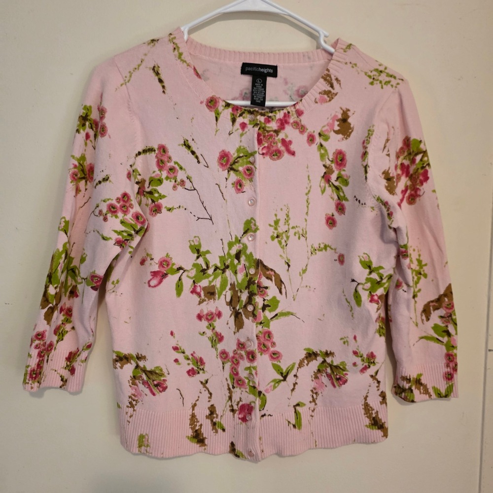 Womens Floral Hyper Feminine Cardigan Sweater Size Large Pink 3/4 Sleeve Preppy